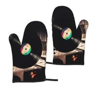 Juego de 2 guantes de horno resistentes al calor, discos de vinilo, guantes de cocina, antideslizantes, para cocinar, hornear, asar, barbacoa, microondas