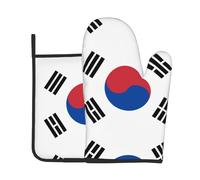 Juego de 2 guantes resistentes al calor y alfombrilla resistente al calor, diseño de bandera de la República de Corea, apto para asar a la parrilla