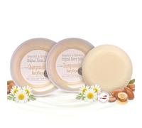 Juego de 2 jabones de champú redondos de 100 g, jabón para el cabello con leche de oveja orgánica, aceite de argán, extracto de manzanilla, glicerina y lanolina, sin siliconas, fabricado en Austria