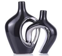 Juego de 2 jarrones de cerámica huecos negros y plateados, modernos y nórdicos bohemios, para decoración del hogar, boda, sala de estar, dormitorio, mesa de comedor, estante, mantel, decoración de