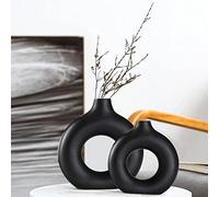 Juego de 2 jarrones de cerámica, modernos jarrones redondos de color negro, decoración rústica para el hogar, diseño de cerámica en forma de dona, se aplica a la sala de estar, cocina, recámara, mesa