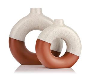 Juego de 2 jarrones de terracota con forma de dona, jarrón hueco circular, moderno jarrón de cerámica mate para entrada, sala de estar, dormitorio, mesa de comedor, centro de mesa, oficina, decoración