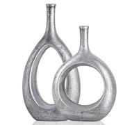 Juego de 2 jarrones elípticos Huecos de cerámica Plateada, jarrón Circular Bohemio con Agujero, para decoración Moderna de Mesa Plateada, decoración de Sala de Estar, Estante Moderno de Mediados de