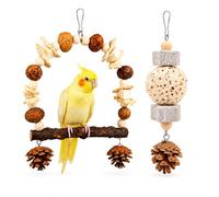 Juego de 2 juguetes naturales para pájaros, columpio de arco de madera de fresno espinoso con nueces y hueso de sepia, juguete triturable de bola Sola con piedra pómez trituradora de pico, accesorios