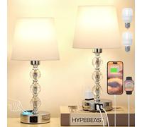 Juego de 2 lámparas de mesita de noche de cristal, abat jour de mesita de noche, táctil, regulable de 3 vías con puertos USB-A+C + 2 toma CA, lámpara de mesa para dormitorio, salón, oficina (2