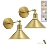 Juego de 2 lámparas de pared contemporáneas minimalistas, retro, funciona con pilas, luz LED dorada, inalámbrica, regulable, funciona con pilas, con control remoto para dormitorio, pasillo, sala de