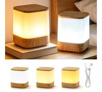 Juego de 2 lámparas LED para mesita de noche táctil, regulables, 3600 mAh, USB, recargables, con vetas de madera, luz nocturna con 3 temperaturas de color, lámpara de mesa inalámbrica con función de