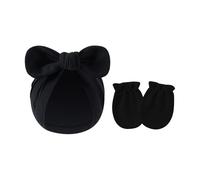 Juego de 2 manoplas de algodón para bebés y niñas, guantes de protección contra arañazos y sombrero con lazo para recién nacidos, para uso diario, Negro, Talla única