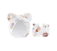 Juego de 2 manoplas de algodón para bebés y niñas, guantes de protección contra arañazos y sombrero con lazo para recién nacidos, para uso diario, Bonito espacio, Talla única