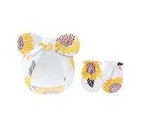 Juego de 2 manoplas de algodón para bebés y niñas, guantes de protección contra arañazos y sombrero con lazo para recién nacidos, para uso diario, Girasol amarillo, Talla única