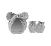 Juego de 2 manoplas de algodón para bebés y niñas, guantes de protección contra arañazos y sombrero con lazo para recién nacidos, para uso diario, gris, Talla única