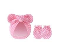 Juego de 2 manoplas de algodón para bebés y niñas, guantes de protección contra arañazos y sombrero con lazo para recién nacidos, para uso diario, e, Talla única