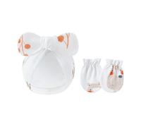 Juego de 2 manoplas de algodón para bebés y niñas, guantes de protección contra arañazos y sombrero con lazo para recién nacidos, para uso diario, Oso de nariz larga, Talla única