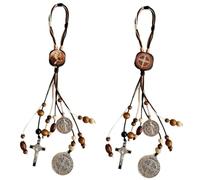 Juego de 2 medallas de San Benito, cuentas de madera, rosario de San Benito, medallas para puerta con cruz de San Benito, juego de crucifijo católico para colgar en el coche, decoración para colgar en