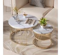 Juego de 2 mesas auxiliares anidadas con marco de metal con parte superior de mármol de imitación de alto brillo, mesa de té moderna para sala de estar, dormitorio, apartamento (dorado)