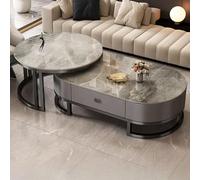Juego de 2 mesas auxiliares anidadas, parte superior de piedra y marco de acero, mesas de cóctel con cajón, elegante decoración para el hogar
