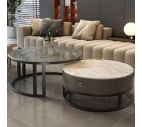 Juego de 2 mesas auxiliares redondas con acabado de mármol de almacenamiento y metal negro, elegantes mesas auxiliares para sala de estar y oficina, diseño moderno para decoración del hogar