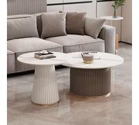 Juego de 2 mesas auxiliares redondas modernas y redondas, color blanco y café, con patrón de mármol para sala de estar, dormitorio y balcón, elegantes mesas auxiliares para decoración del hogar