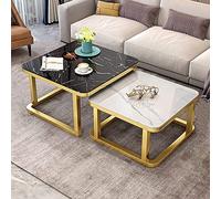 Juego de 2 mesas de café modernas apilables con efecto mármol, parte superior de cristal templado, acabado liso, marco de metal, mesas de sofá para sala de estar, 70 cm, negro + 60 cm blanco
