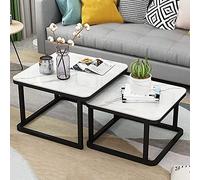 Juego de 2 mesas de café modernas apilables con efecto mármol, parte superior de vidrio templado, diseño elegante para sala de estar, marco de metal, negro de 70 cm + blanco de 60 cm, mesas de sofá