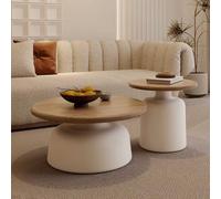 Juego de 2 Mesas de Café Redondas de Madera, Mesa Centro y Auxiliar para,Madera Blanca,75x36+50x42cm