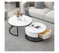 Juego de 2 mesas de centro redondas, juego de mesas auxiliares nido con almacenamiento, mesa de sofá con estructura metálica y textura de mármol pizarra, mesa de té moderna(Gold Frame+white+gray)
