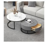 Juego de 2 mesas de centro redondas, juego de mesas auxiliares nido con almacenamiento, mesa de sofá con estructura metálica y textura de mármol pizarra, mesa de té moderna(Gold Frame+black+white)