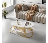 Juego de 2 mesas de centro redondas, mesa auxiliar con estructura de metal dorado y tablero de mármol blanco, mesa de centro de mármol con almohadillas ajustables para los pies, para salón, oficina