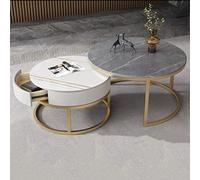 Juego de 2 mesas de centro redondas modernas apilables - Acero negro y MDF con tablero de mármol. Mesas auxiliares elegantes para sala de estar y oficina. Diseño que ahorra espacio. Decoración conte