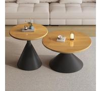 Juego de 2 mesas de centro redondas vintage de mediados de siglo, parte superior de madera de nogal para sala de estar y comedor, elegante decoración del hogar en blanco y negro (80 + 50 cm)