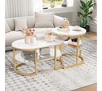 Juego de 2 mesitas bajas gigognes, mesa baja redonda y ovalada con espacio de almacenamiento, moderna de mesas bajas, mesa auxiliar, aspecto mármol y marco de metal, para sala de estar, balcón y