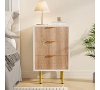 Juego de 2 mesitas de noche, cómoda con 3 cajones, armario de cajones de madera maciza, mueble de cajón, armario bajo, mueble con cajón ratán, cómoda dormitorio (color madera natural + blanco, 3