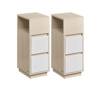 Mesita de Noche Estrecha con 2 Cajones y Compartimento Abierto Beige Natural y Blanco Nube