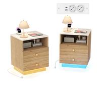 Juego de 2 mesitas de noche con estación de carga y mesa auxiliar LED de madera con 2 cajones y estantería abierta, cómoda moderna para dormitorio, salón, 44 x 38 x 55 cm, color madera natural