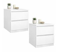 Juego de 2 Mesitas de Noche, Mesas Auxiliares SIL Gloss White con 2 Cajones,Color Blanco Alto Brillo, 40 x 50 x 50 cm