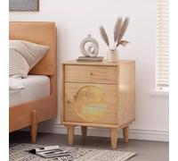 Juego De 2 Mesitas De Noche, Mesitas De Noche De Ratán, Mesitas De Noche con Cajón De Decoración De Ratán, Mesita De Noche De Madera para Mesita Auxiliar De Dormitorio Y Espacios Pequeños(Wood)