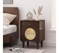 Juego De 2 Mesitas De Noche, Mesitas De Noche De Ratán, Mesitas De Noche con Cajón De Decoración De Ratán, Mesita De Noche De Madera para Mesita Auxiliar De Dormitorio Y Espacios Pequeños(Walnut)
