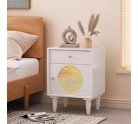 Juego De 2 Mesitas De Noche, Mesitas De Noche De Ratán, Mesitas De Noche con Cajón De Decoración De Ratán, Mesita De Noche De Madera para Mesita Auxiliar De Dormitorio Y Espacios Pequeños(White)