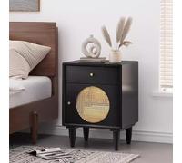 Juego De 2 Mesitas De Noche, Mesitas De Noche De Ratán, Mesitas De Noche con Cajón De Decoración De Ratán, Mesita De Noche De Madera para Mesita Auxiliar De Dormitorio Y Espacios Pequeños(Black)