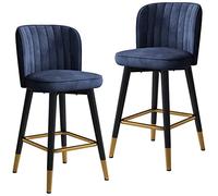 Juego de 2 modernos taburetes de bar giratorios de terciopelo azul con patas negras y reposapiés cromado dorado, elegantes sillas de cocina para el hogar y la recepción