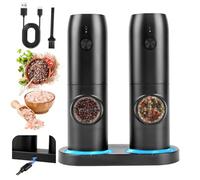 Juego de 2 molinillos de sal y pimienta eléctricos con base recargable, molinillo de especias con doble estación de carga, cepillo, luz LED blanca, molienda automática para barbacoa, restaurante,