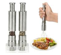 Juego de 2 molinillos de sal y pimienta, molinillo de acero inoxidable con botón de pulgar y base recargable manual para pimienta negra, sal marina y especias (2 piezas)