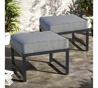 Juego de 2 otomanas de metal negro para exteriores con cojines grises, reposapiés para todo tipo de clima para patio, jardín, porche y terraza, elegantes bancos pequeños para relajación