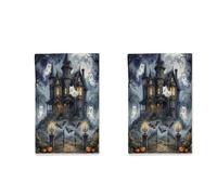 Juego de 2 paños de cocina de Halloween Haunted House Maine Coons Cat para cocina, divertidos paños de cocina de secado rápido, espeluznante regalo de inauguración de la casa para cocinar, cocina y