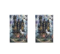 Juego de 2 paños de cocina de Halloween Haunted House Saluki, divertidos paños de cocina de secado rápido, espeluznante regalo de inauguración de la casa para cocinar, cocina y baño
