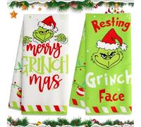 Juego de 2 Paños de Cocina G-rinch Navidad, Toallas de Cocina Navidad, Paños de Cocinas para Decoración Navideña, Decoración de Mesa Invierno, Xmas Tea Towels para Decoracion Navideña Hogar(A)