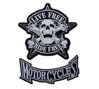 Juego de 2 parches de calavera sobre estrella "Live Free Ride Free" + Motorcycles - Patch Biker - para chapter y bikers para chaqueta y chaleco motero (set blanco/negro)