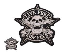 Juego de 2 parches de calavera sobre estrella, Live Free Ride Free - Parches termoadhesivos - Motorcycles, de bordado para decorar chalecos de moto, chaleco o ropa DIY (juego de 2 estrellas b/n)