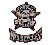 Juego de 2 parches termoadhesivos con diseño de calaveras sobre estrella, «Live Free Ride Free» + Motorcycles - Patch Biker - Estlizado para chapter y bikers, chaqueta y chaleco motero (set naranja)