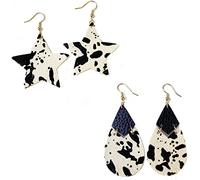 Juego de 2 pares de aretes colgantes de lágrima de piel sintética hechos a mano, ligeros, con estampado de vaca floral, delicados aretes de estrella redonda para mujeres y niñas, Cuero, Cuero